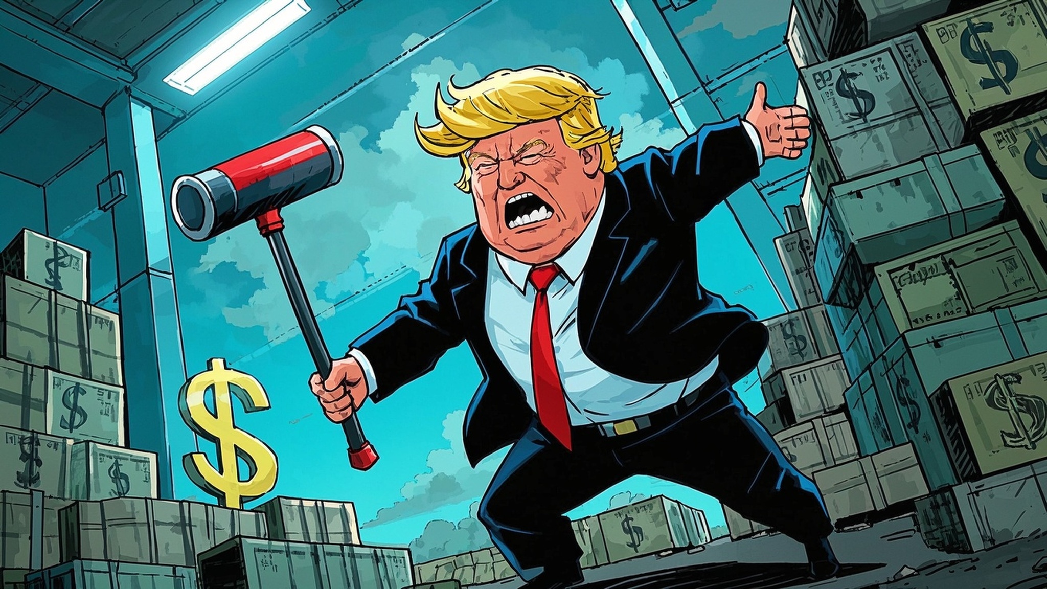 漫畫丑化特朗普揮關(guān)稅大棒(2)